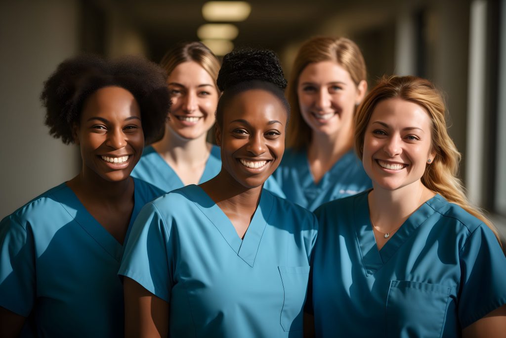 team of nurses in blue scrubs smiling at the camera